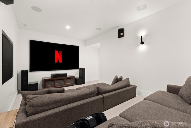 home theater room featuring recessed lighting and baseboards