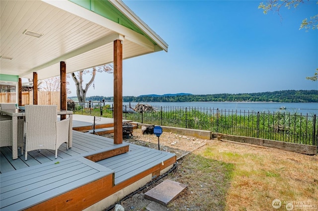 deck with a fenced backyard and a water view