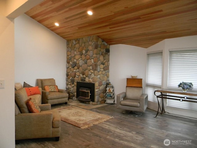 living area with recessed lighting, lofted ceiling, wood ceiling, and wood finished floors