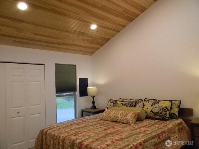 bedroom featuring recessed lighting, wood ceiling, and vaulted ceiling