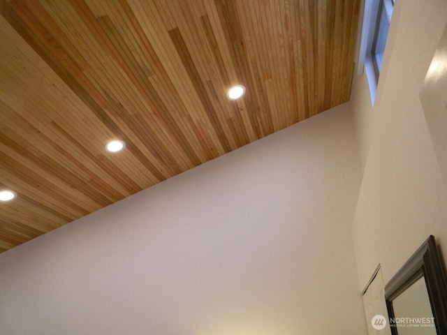 details with recessed lighting and wooden ceiling