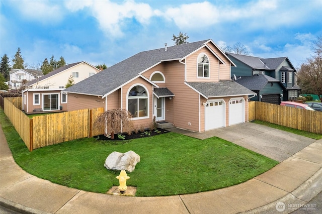 traditional-style home featuring driveway, fence, a residential view, a front yard, and a shingled roof