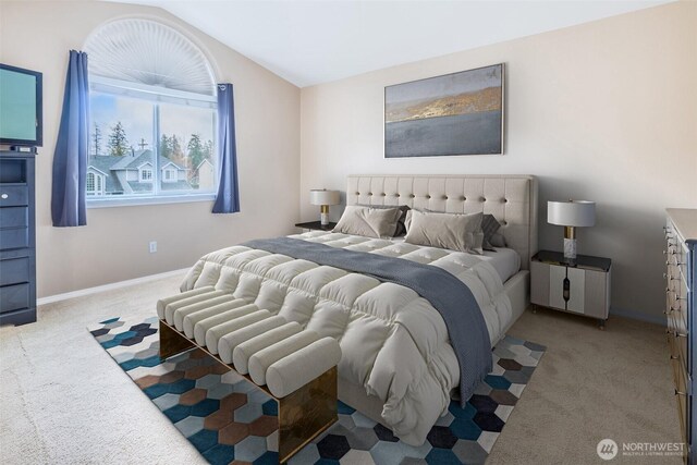 bedroom with baseboards, carpet, and vaulted ceiling