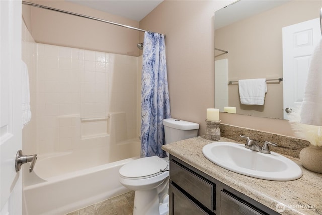 bathroom with vanity, toilet, and shower / tub combo with curtain