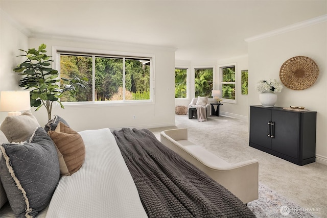 carpeted bedroom with crown molding and baseboards