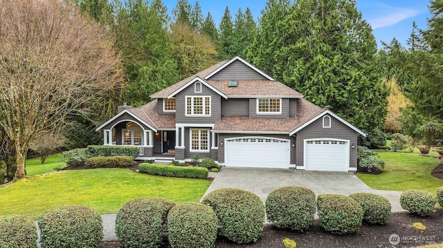 view of front of house featuring a front yard, a chimney, driveway, and roof with shingles