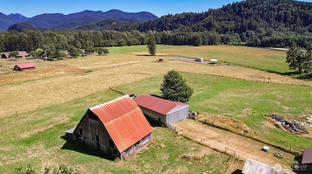 drone / aerial view with a mountain view, a view of trees, and a rural view