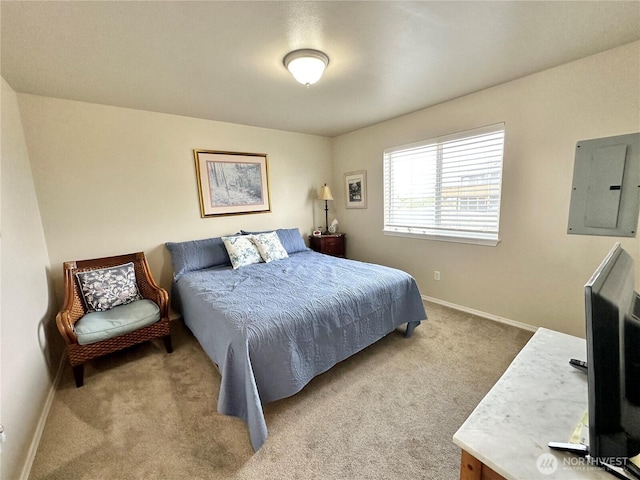 carpeted bedroom with electric panel and baseboards