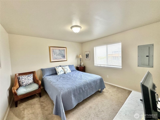 bedroom featuring electric panel, baseboards, and carpet