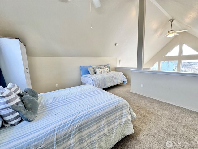 bedroom with carpet flooring, ceiling fan, baseboards, and vaulted ceiling