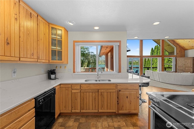 kitchen with a sink, recessed lighting, stainless steel electric range, light countertops, and dishwasher