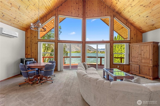 carpeted living room featuring wood ceiling, high vaulted ceiling, a wall mounted air conditioner, and a water view