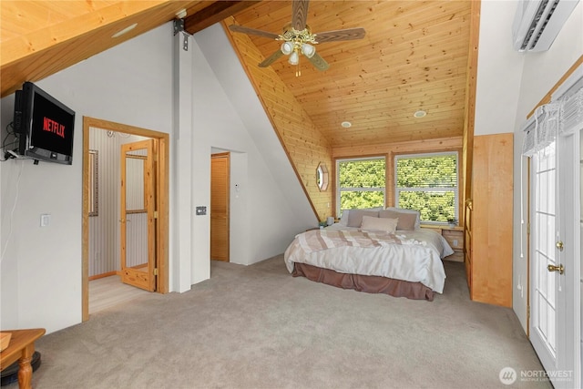 carpeted bedroom with wood ceiling, high vaulted ceiling, and an AC wall unit