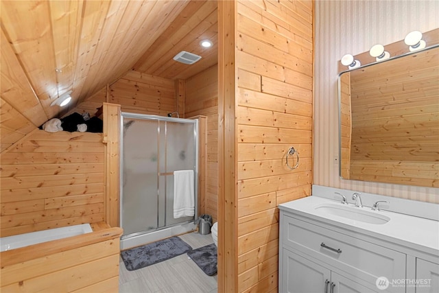 bathroom featuring vanity, wooden ceiling, and wooden walls