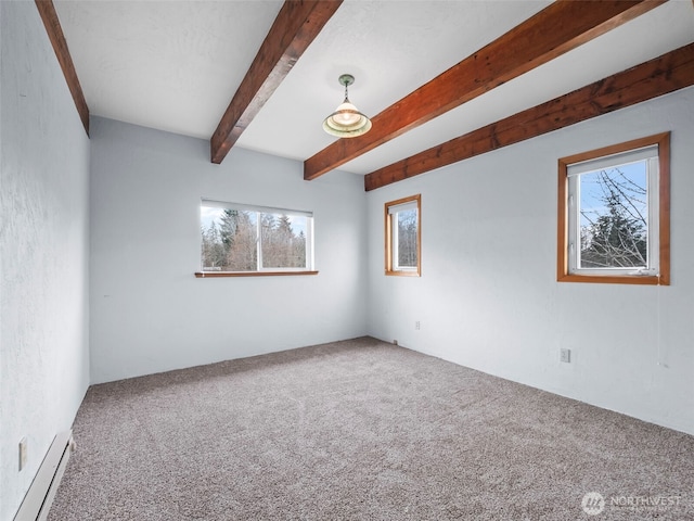 carpeted empty room with a wealth of natural light, beamed ceiling, and baseboard heating