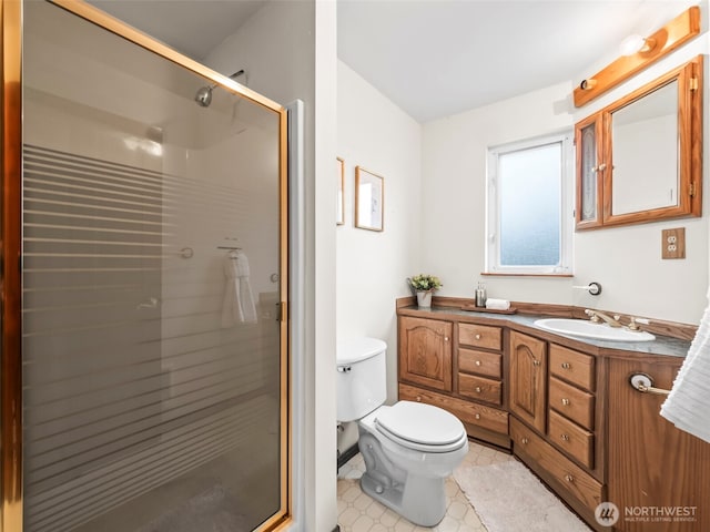 full bath featuring vanity, a shower stall, and toilet