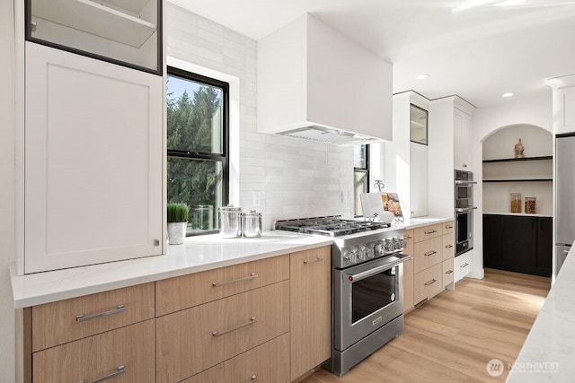 kitchen with light wood-type flooring, custom exhaust hood, recessed lighting, appliances with stainless steel finishes, and tasteful backsplash