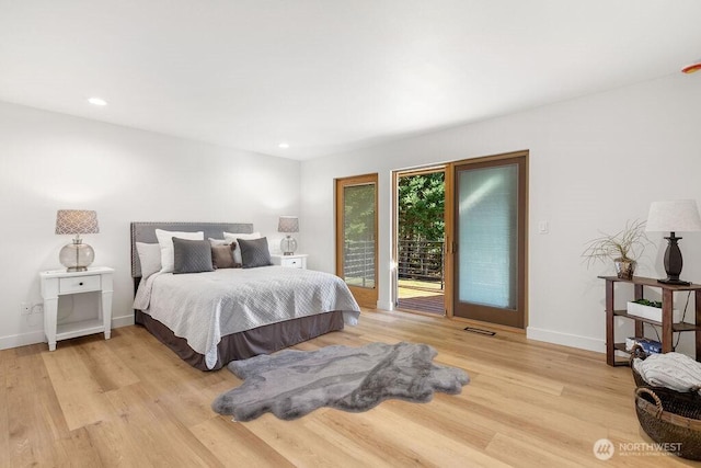 bedroom featuring baseboards, visible vents, recessed lighting, access to exterior, and light wood-type flooring