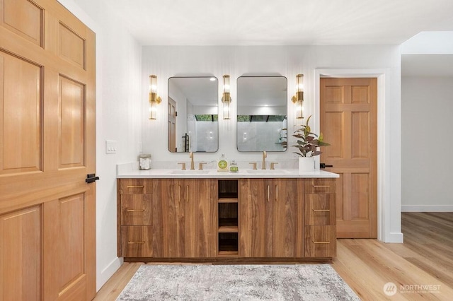 bathroom featuring a sink, baseboards, wood finished floors, and double vanity