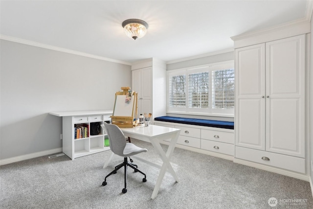 office area with baseboards, ornamental molding, and carpet flooring