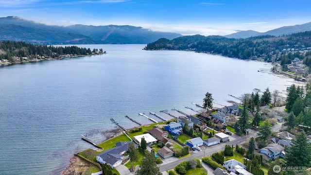 drone / aerial view with a residential view and a water and mountain view