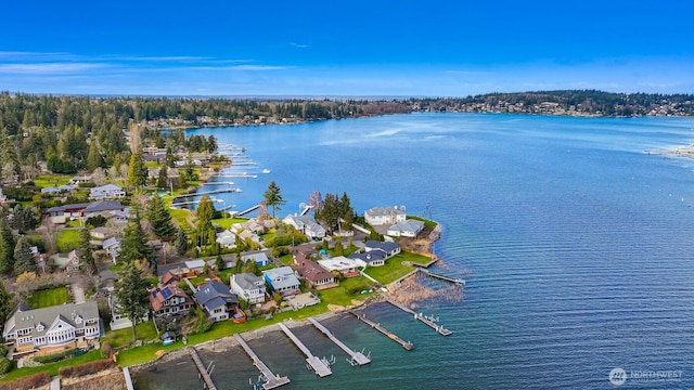 drone / aerial view featuring a residential view and a water view