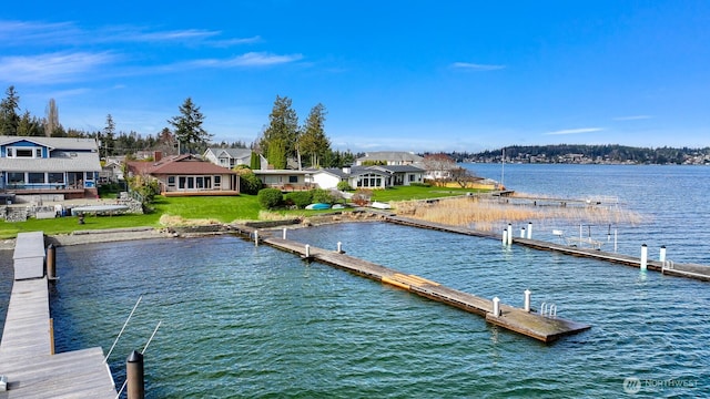 dock area featuring a water view and a residential view