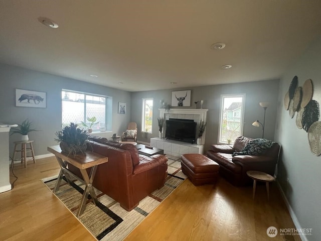 living room with a fireplace, light wood-style floors, and baseboards