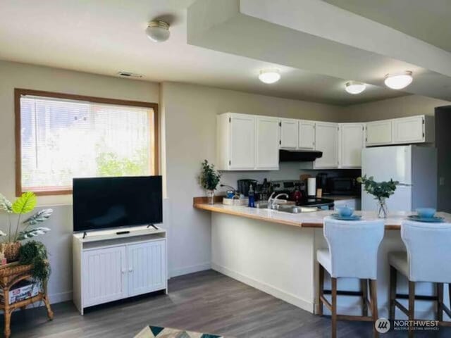 kitchen featuring black microwave, under cabinet range hood, light countertops, a peninsula, and freestanding refrigerator