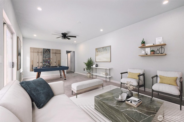 carpeted living area with baseboards, recessed lighting, pool table, and a ceiling fan