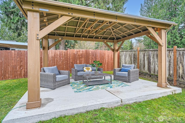 view of patio / terrace featuring outdoor lounge area, a gazebo, and a fenced backyard