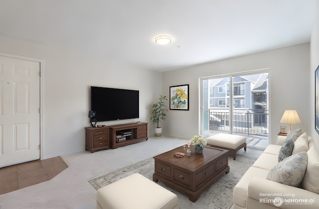 living room featuring light colored carpet and baseboards