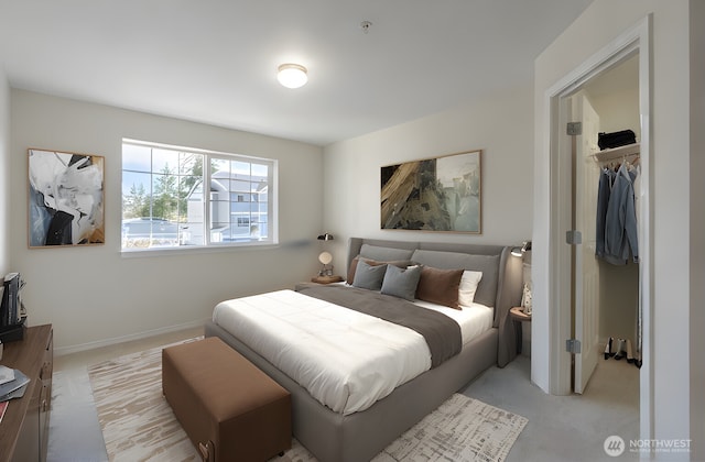 bedroom featuring baseboards and light carpet