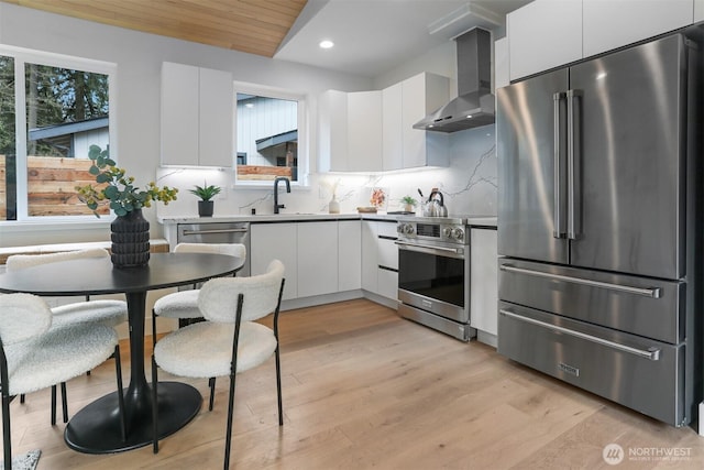 kitchen with high end appliances, a sink, white cabinets, wall chimney exhaust hood, and modern cabinets