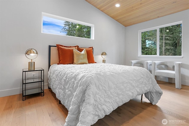 bedroom with recessed lighting, wood-type flooring, baseboards, wood ceiling, and vaulted ceiling