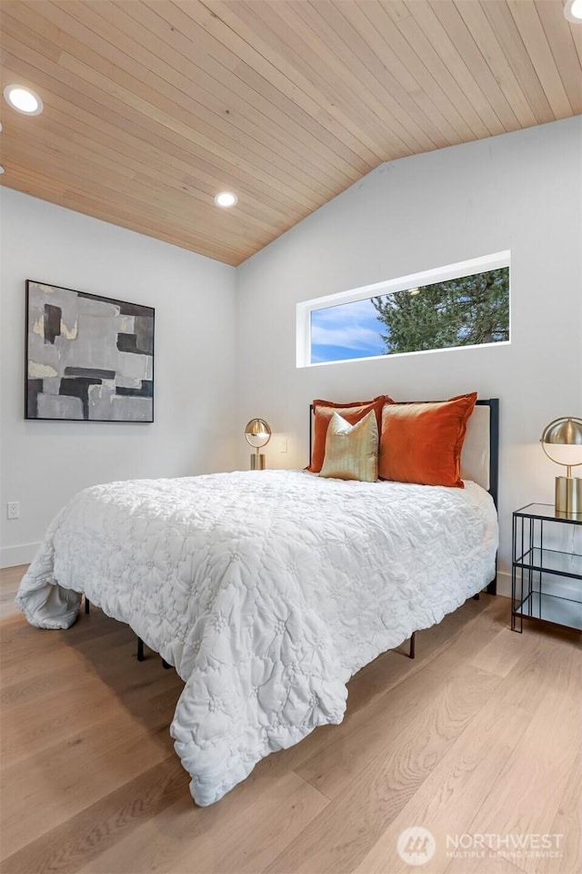 bedroom featuring recessed lighting, lofted ceiling, wood ceiling, and wood finished floors