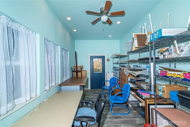 storage room with ceiling fan