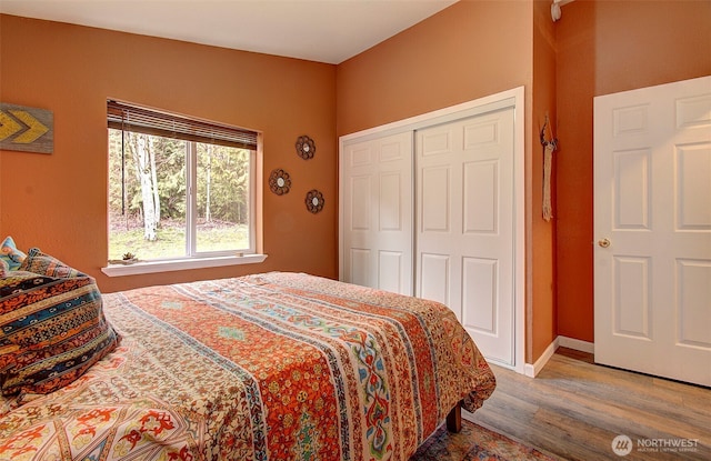 bedroom with wood finished floors, a closet, and baseboards