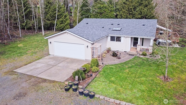 single story home with a front yard, driveway, and roof with shingles