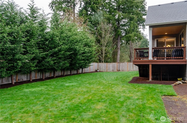 view of yard with a wooden deck and a fenced backyard