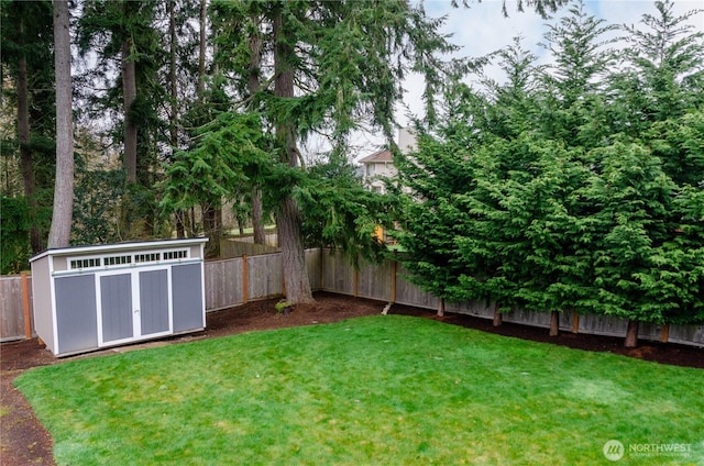 view of yard with a storage shed, an outdoor structure, and a fenced backyard