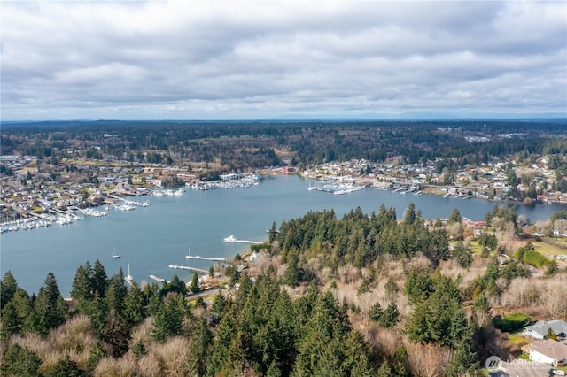 birds eye view of property featuring a water view