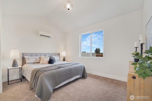 bedroom with baseboards, a wall mounted air conditioner, carpet, and vaulted ceiling