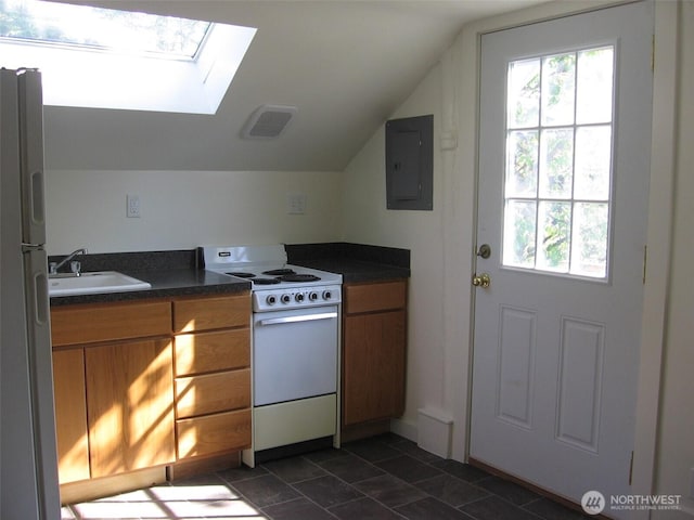 kitchen with a wealth of natural light, a sink, electric panel, dark countertops, and white appliances