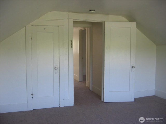 additional living space featuring vaulted ceiling and carpet flooring