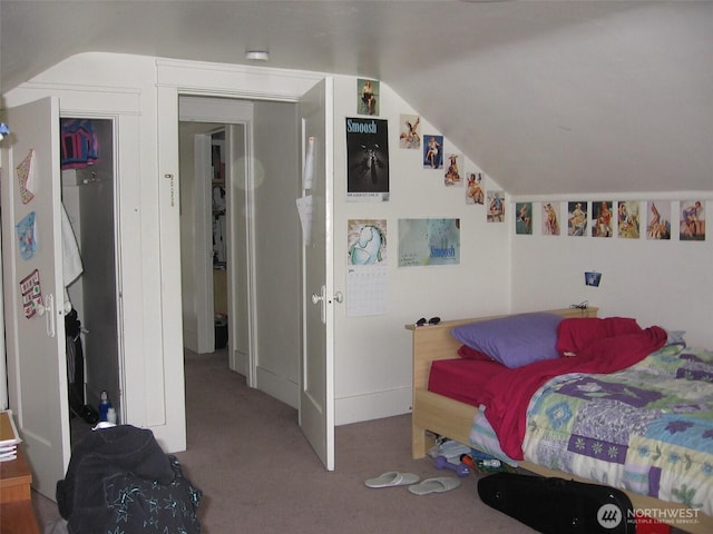 carpeted bedroom featuring vaulted ceiling