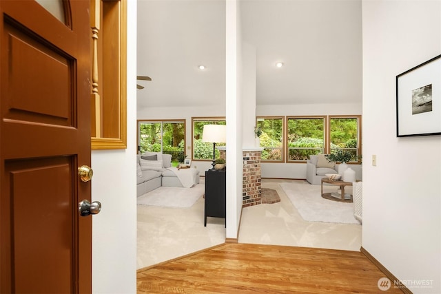 entryway featuring high vaulted ceiling and wood finished floors