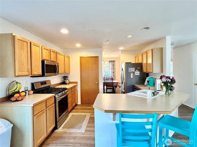 kitchen with light wood finished floors, a peninsula, a sink, light countertops, and appliances with stainless steel finishes