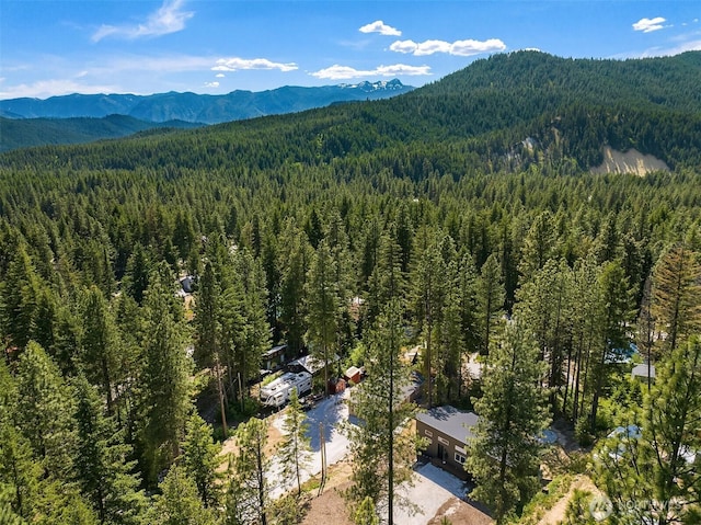 birds eye view of property with a view of trees and a mountain view