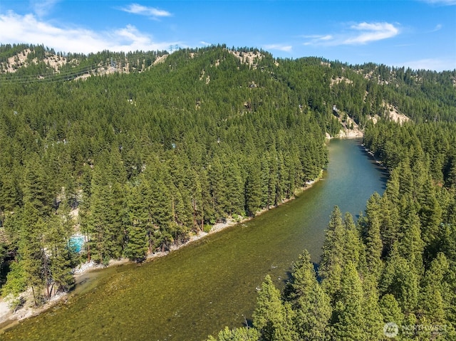 aerial view featuring a water view and a wooded view